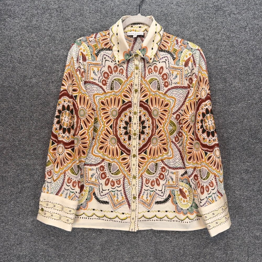 Maison d'Amelie Blouse Womens Small Cream Orange Mandala Print Button Up Shirt